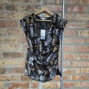 Alberto Makali Beaded Sequin Mesh Sheer Metallic Cowl Neck Sleeveless Top XS